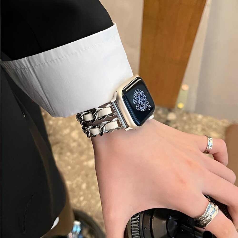 Apple Watch Band Luxury Adjustable Stylish Strap Silver Stainless Chain White
